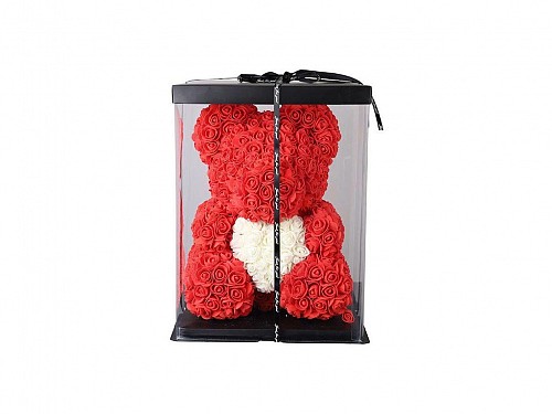 Αρκουδάκι από κόκκινα τριαντάφυλλα με λευκή καρδιά σε συσκευασία δώρου κουτί, 30x40cm, Rose Bear